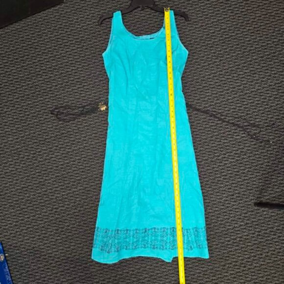 K Petite Teal Linen Blend Midi Dress Size 4P Sleeveless A-Line Blue Aztec Belt - Picture 11 of 12